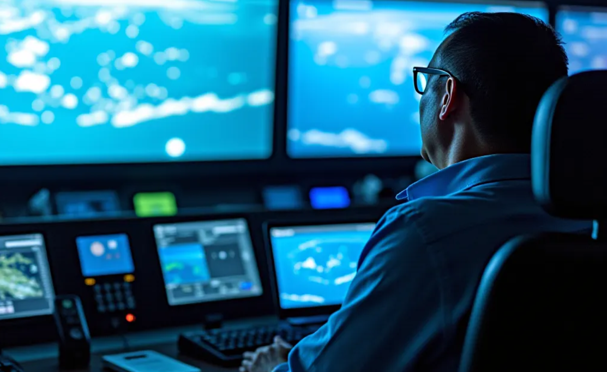 operator sitting in a control room display:block;margin-left:auto;margin-right:auto;width:50%;
